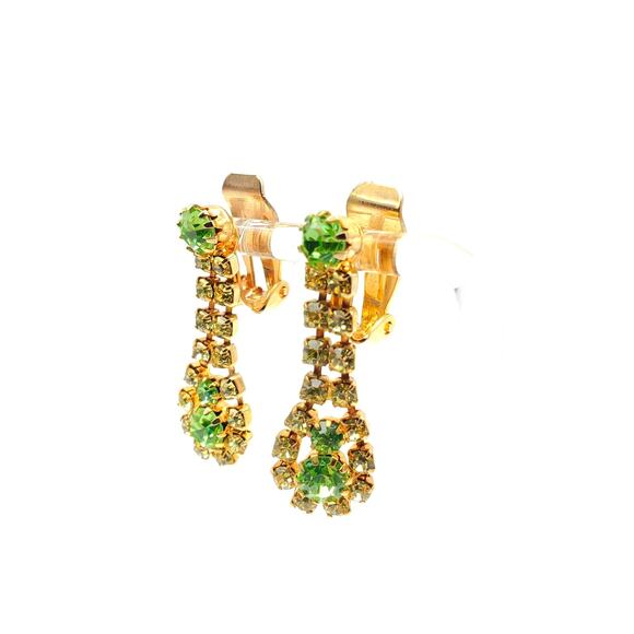 Citrine Green Rhinestone Jewelry Set Brooch Clip Earrings Gold Tone Demi Vintage - Picture 8 of 8